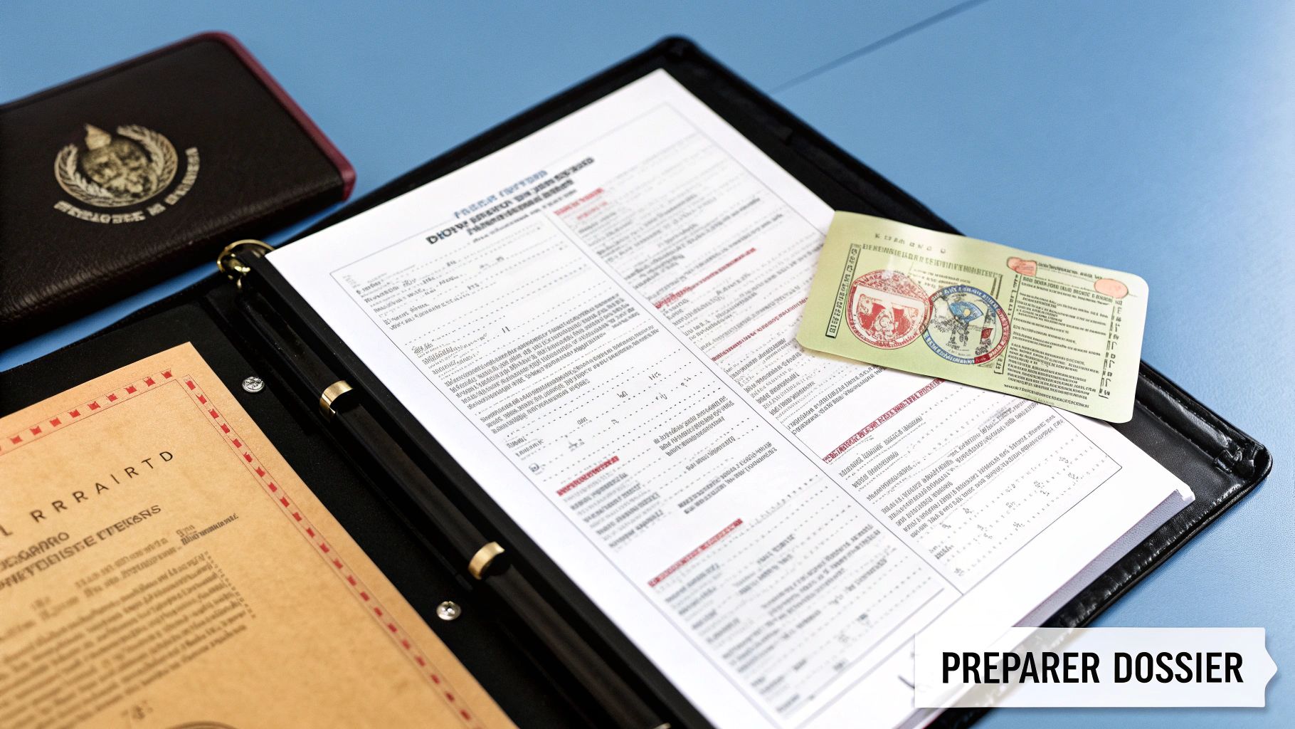 Pile de documents officiels, dont un contrat de location, une police d'assurance et des papiers traduits, sur un bureau en bois.