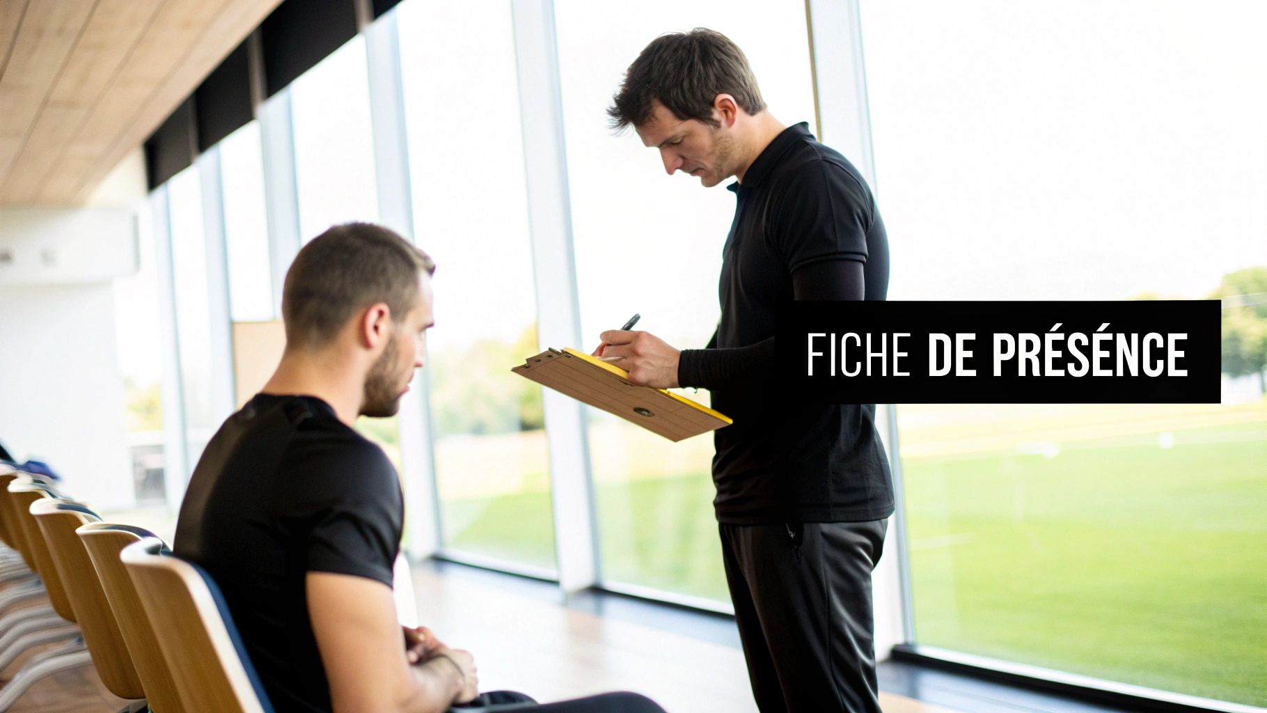 Un instructeur remplit une fiche de présence pour un athlète dans une salle de sport lumineuse.