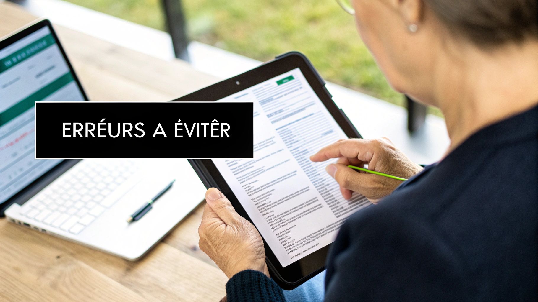 Personne lisant un document sur tablette avec le titre « ERREURS À ÉVITER », près d'un ordinateur portable.