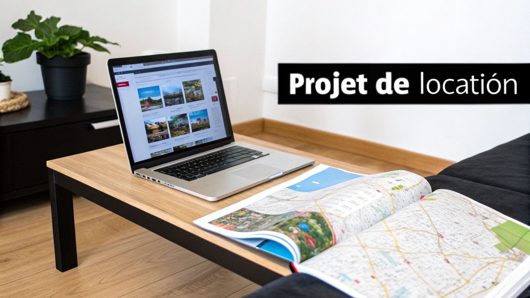 Ordinateur portable et carte ouverte sur table pour projet de location d'appartement en Bulgarie