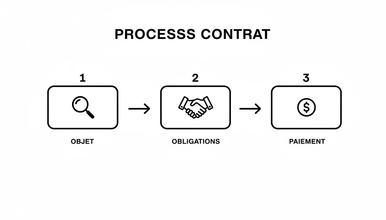 Schéma simple décrivant le processus d'un contrat en trois étapes claires : objet, obligations et paiement.