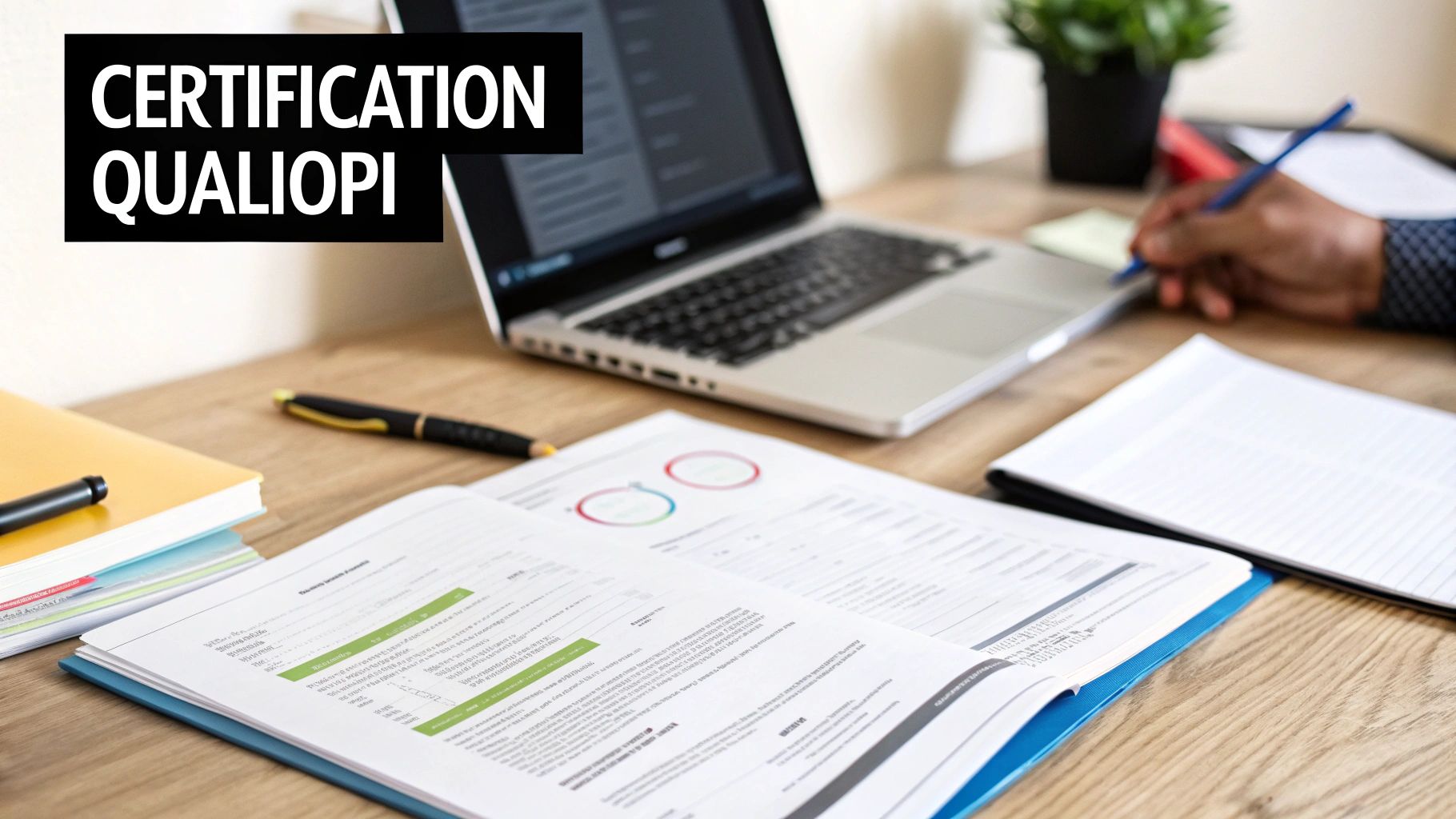 Bureau de travail avec ordinateur portable, documents Qualiopi et une personne écrivant, idéal pour la certification formation.
