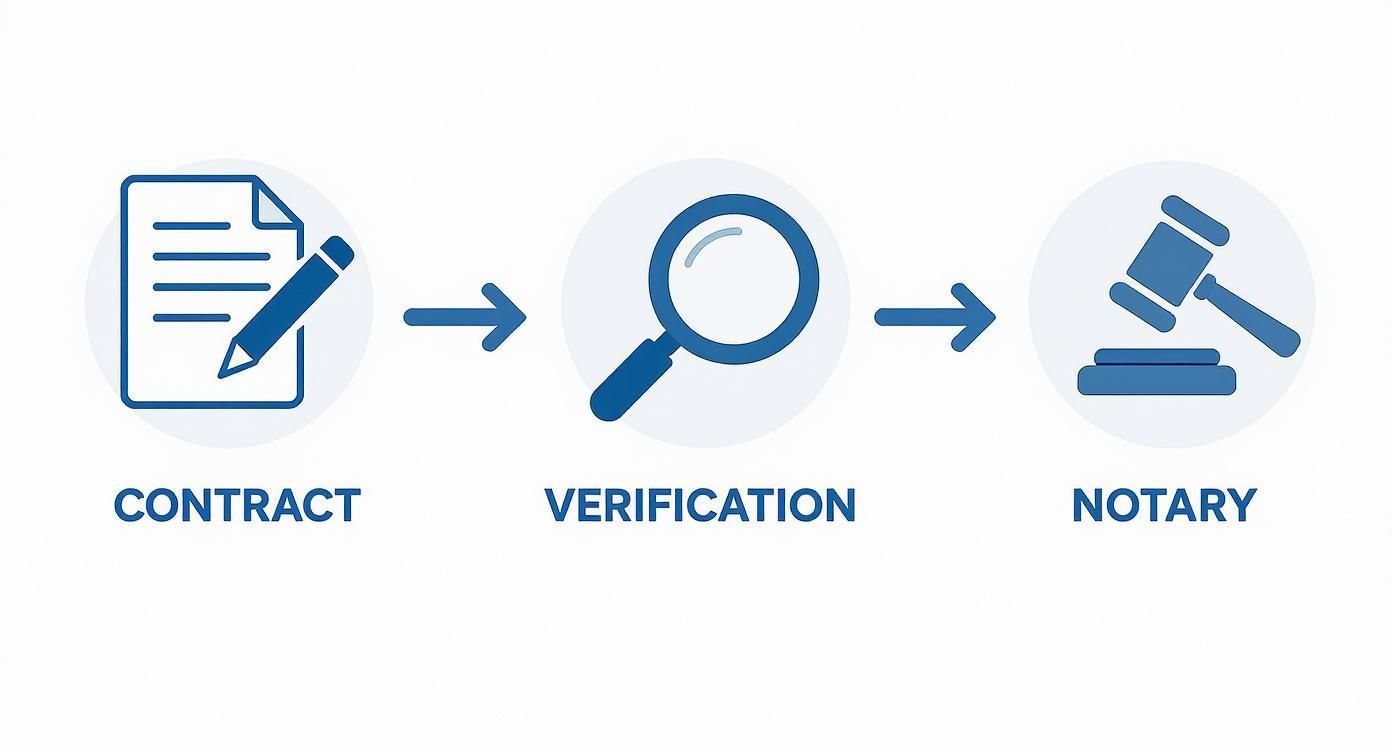 Illustration d'un processus légal en trois étapes : signature de contrat, vérification des documents et notaire.