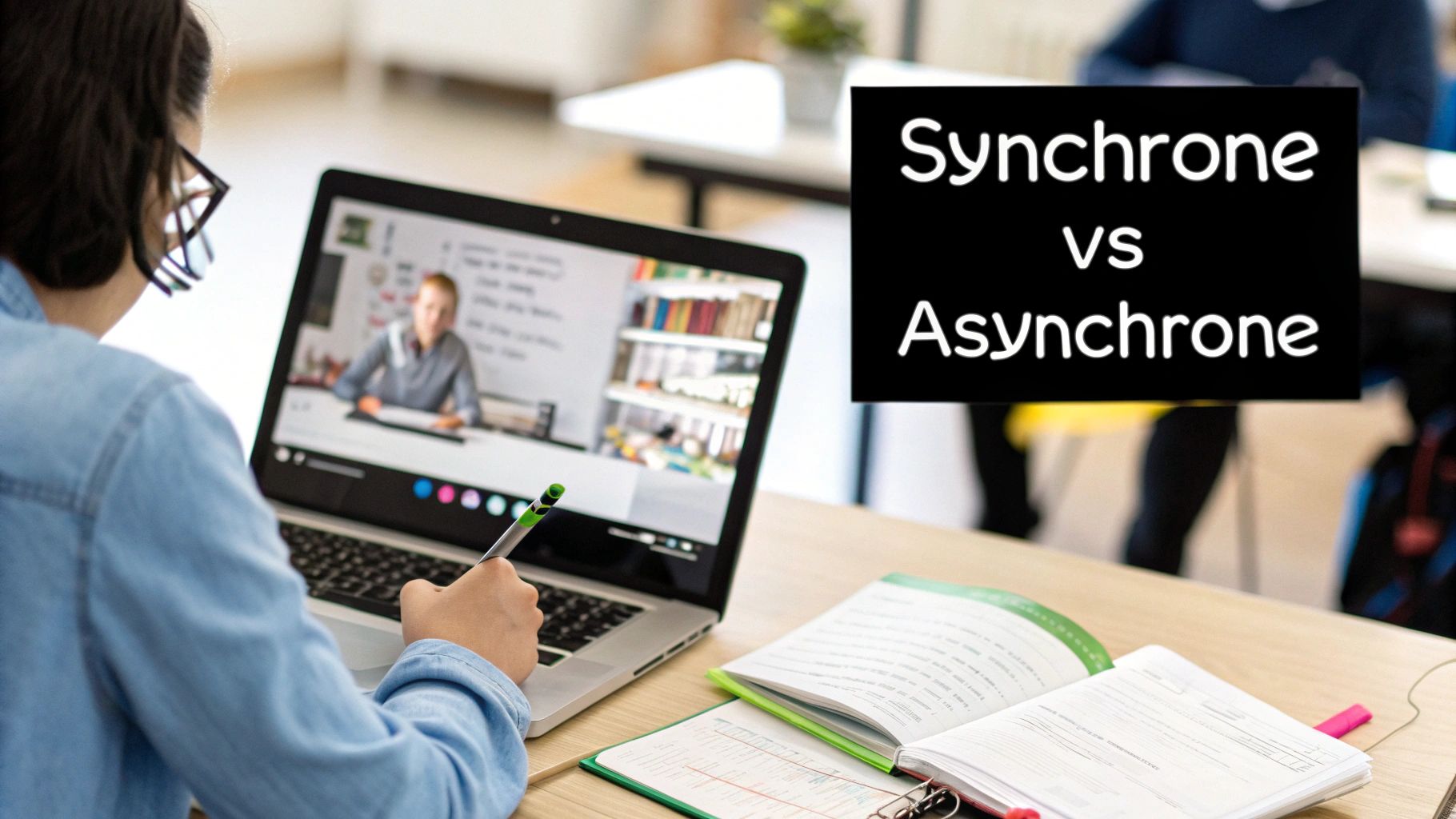Une personne étudie en ligne sur un ordinateur portable, avec un cahier ouvert, et le texte 'Synchrone vs Asynchrone'.