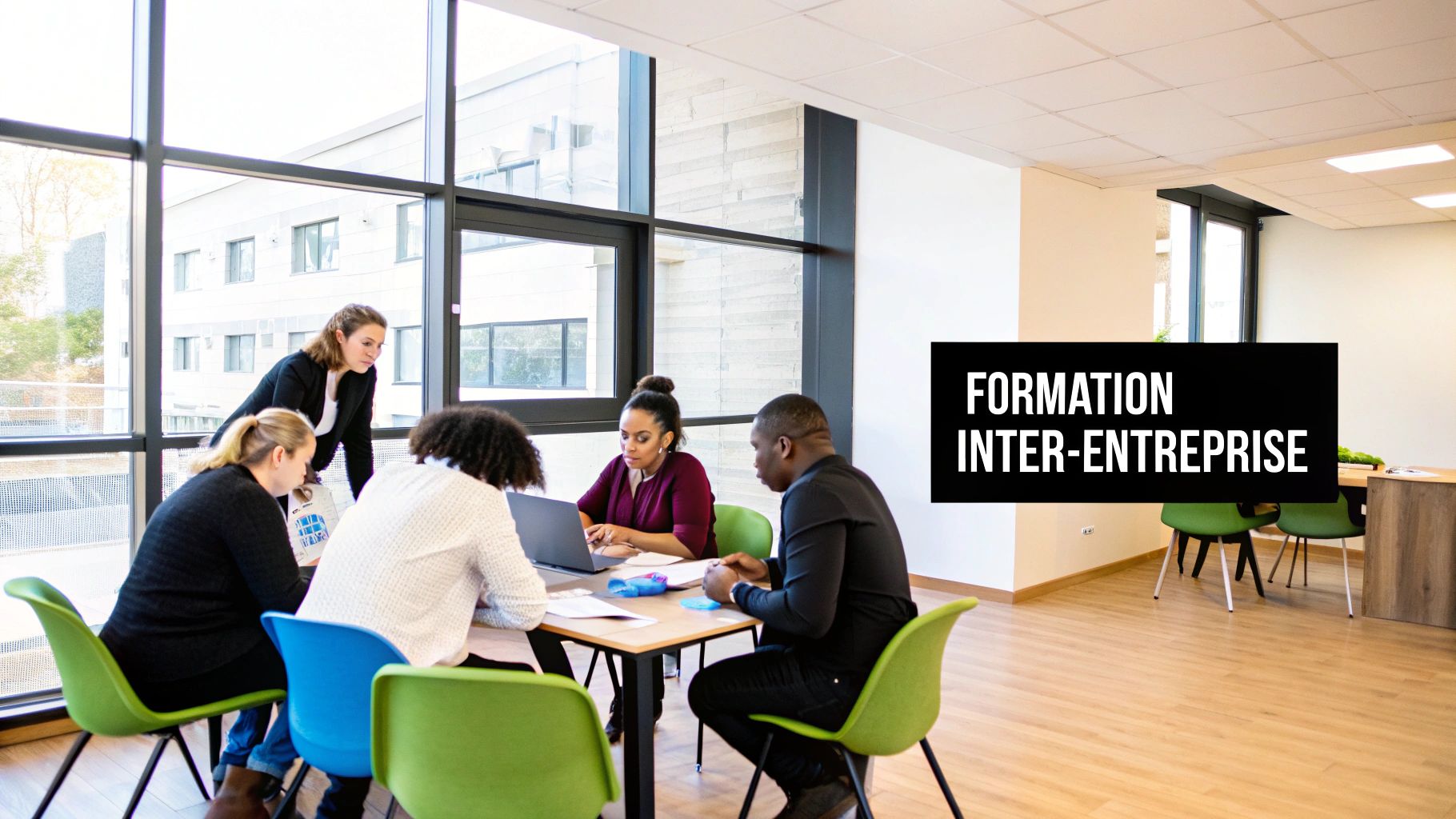 Un groupe diversifié de professionnels en formation inter-entreprise, réunis autour d'une table avec un formateur.