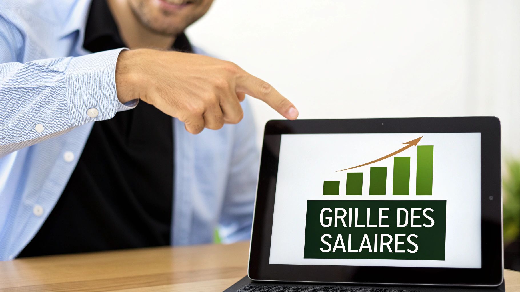 Un homme pointe une tablette affichant un graphique de croissance des salaires et le texte "GRILLE DES SALAIRES".