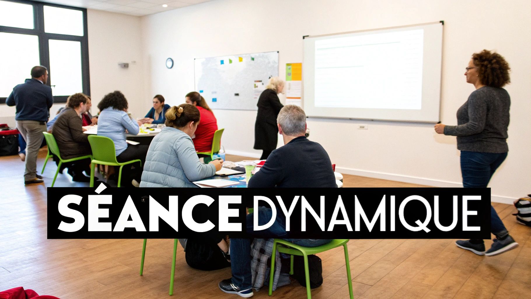 Groupe de personnes participant à une séance de travail dynamique dans une salle de réunion lumineuse avec tableaux blancs.