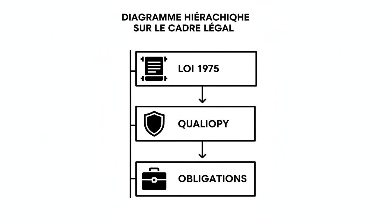 Diagramme hiérarchique détaillant le cadre légal: la Loi de 1975, Qualiopi et les obligations associées.