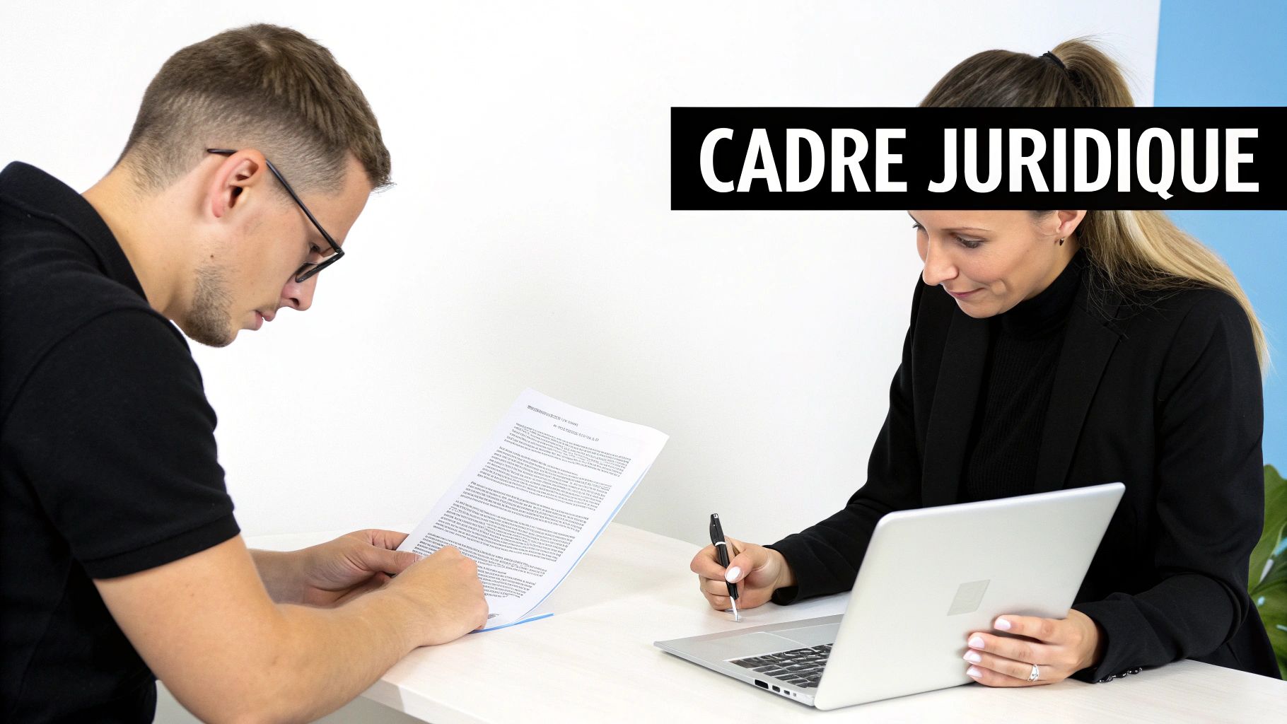 Un homme et une femme discutent et travaillent sur des documents, avec le texte "CADRE JURIDIQUE".