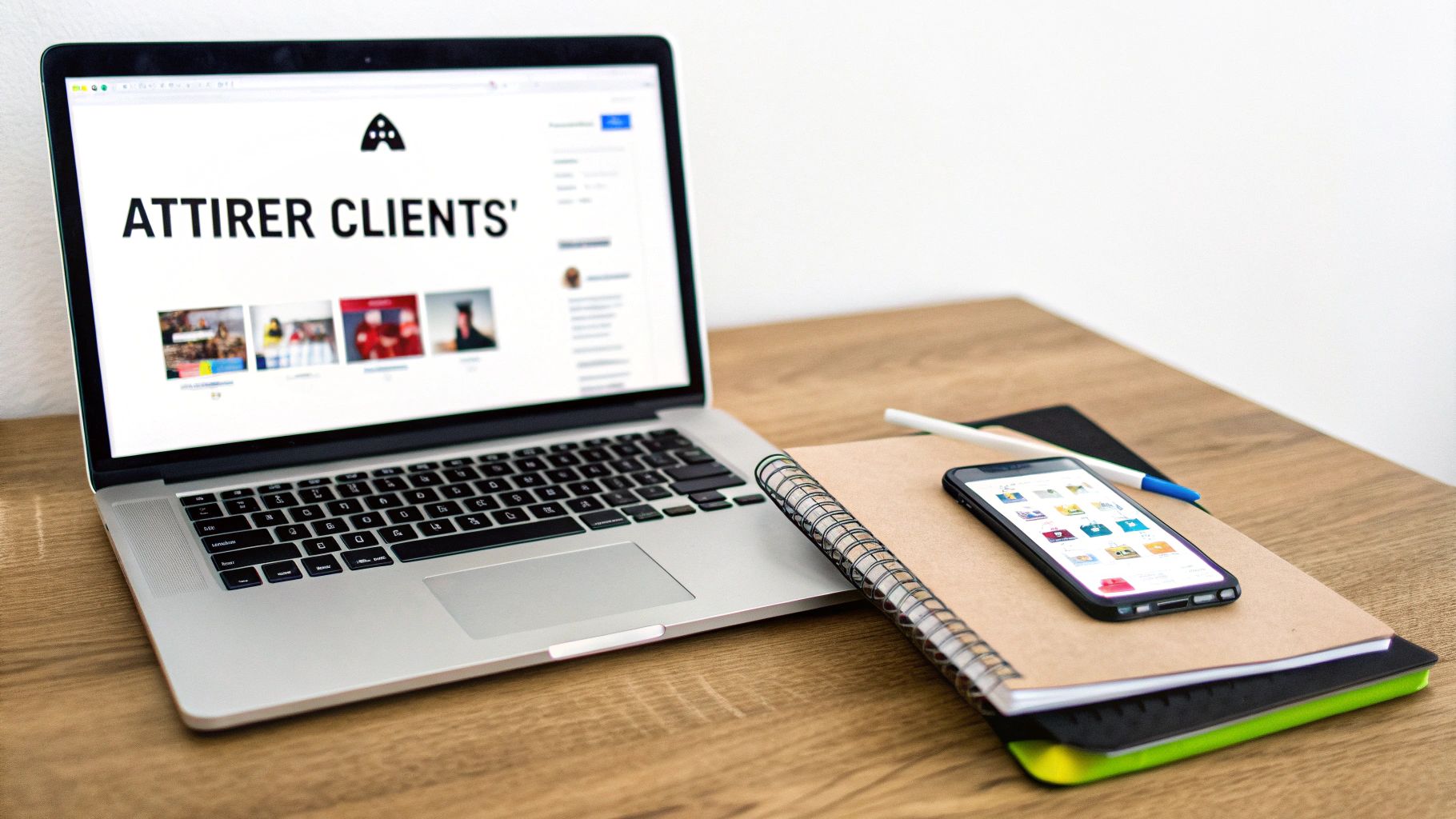 Un ordinateur portable avec "ATTIRER CLIENTS'", un carnet, un smartphone et des stylos sur un bureau en bois.
