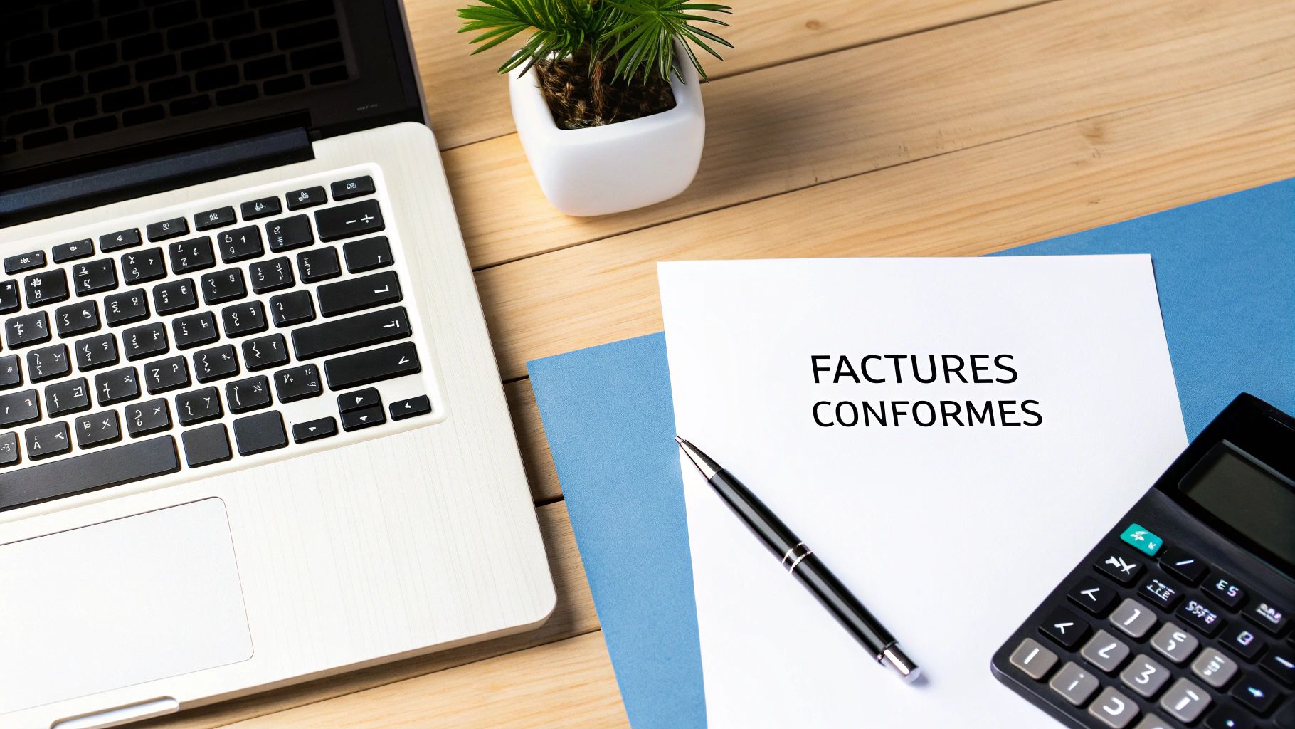 Document factures conformes sur un bureau avec ordinateur portable, calculatrice et stylo professionnel