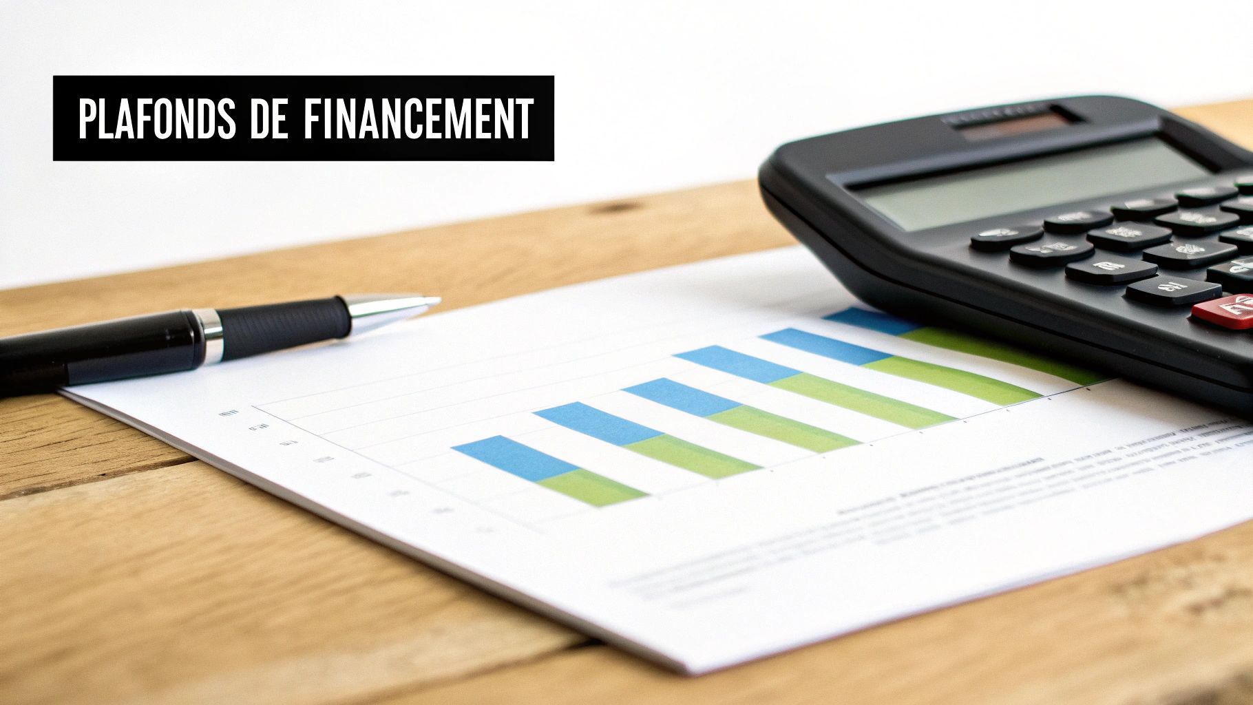 Graphique, stylo, calculatrice sur un bureau en bois avec le texte Plafonds de Financement, représentant des finances.