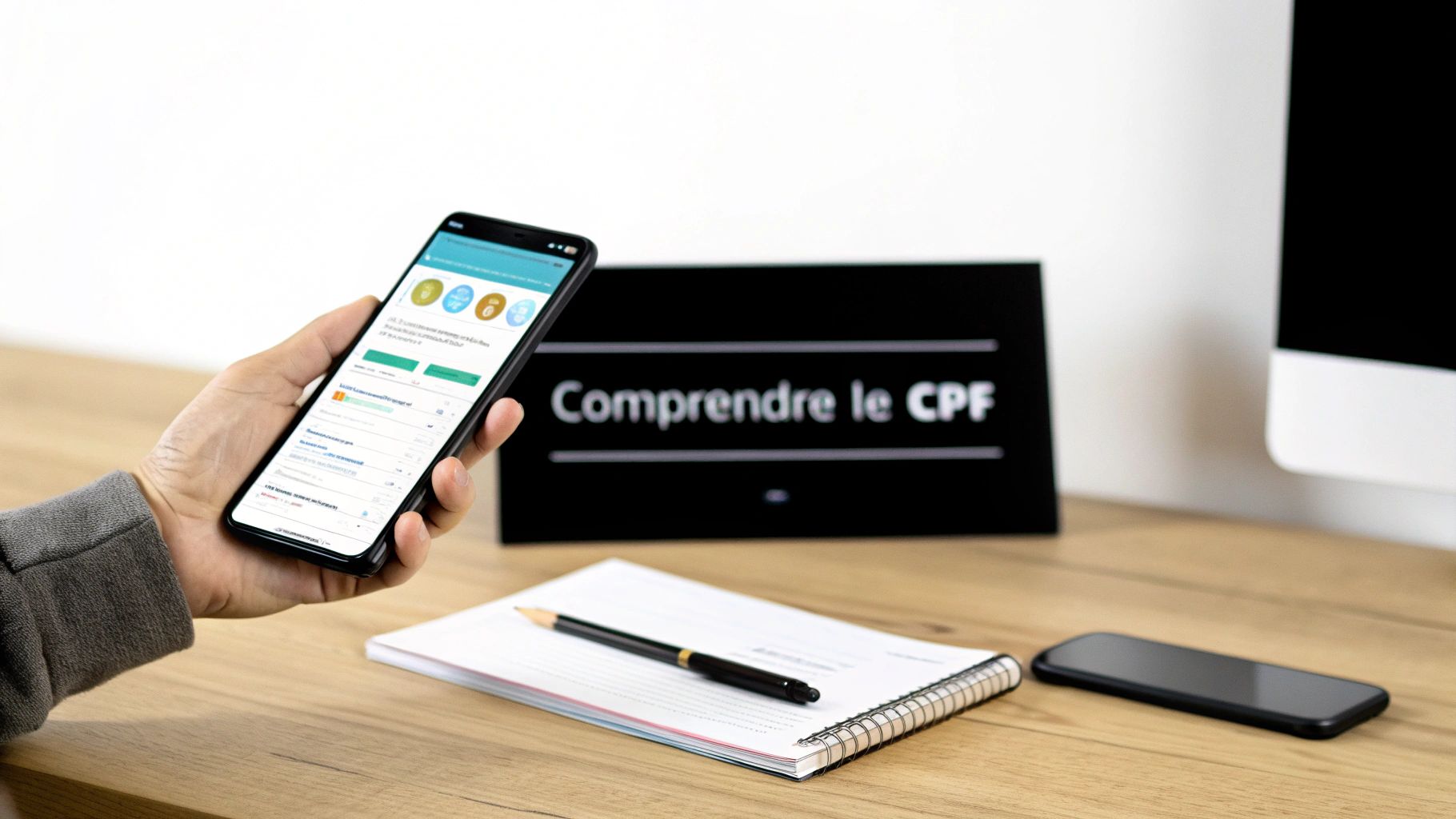 Une personne tient un smartphone affichant une application, avec une pancarte "Comprendre le CPF" sur un bureau.