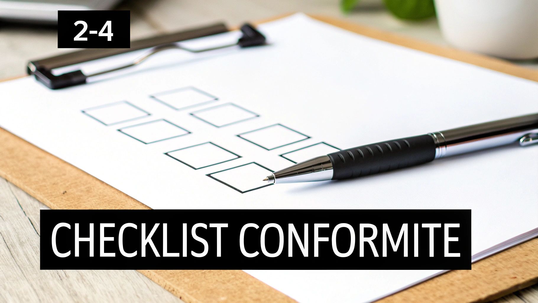 Un presse-papiers avec une checklist vierge et un stylo, affichant le texte "CHECKLIST CONFORMITE".