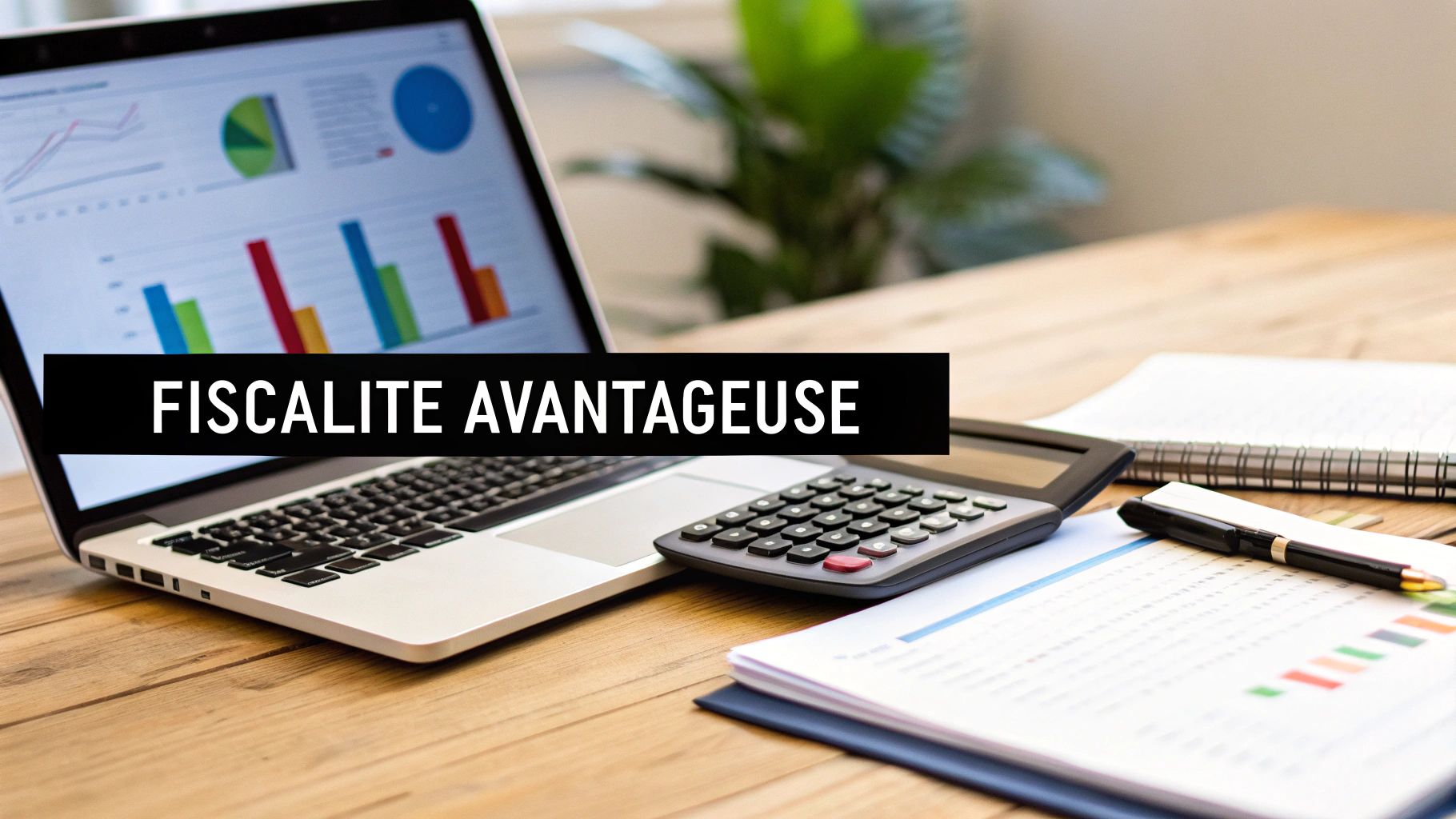 Ordinateur portable affichant des graphiques financiers sur un bureau avec calculatrice et documents, illustrant une fiscalité avantageuse.