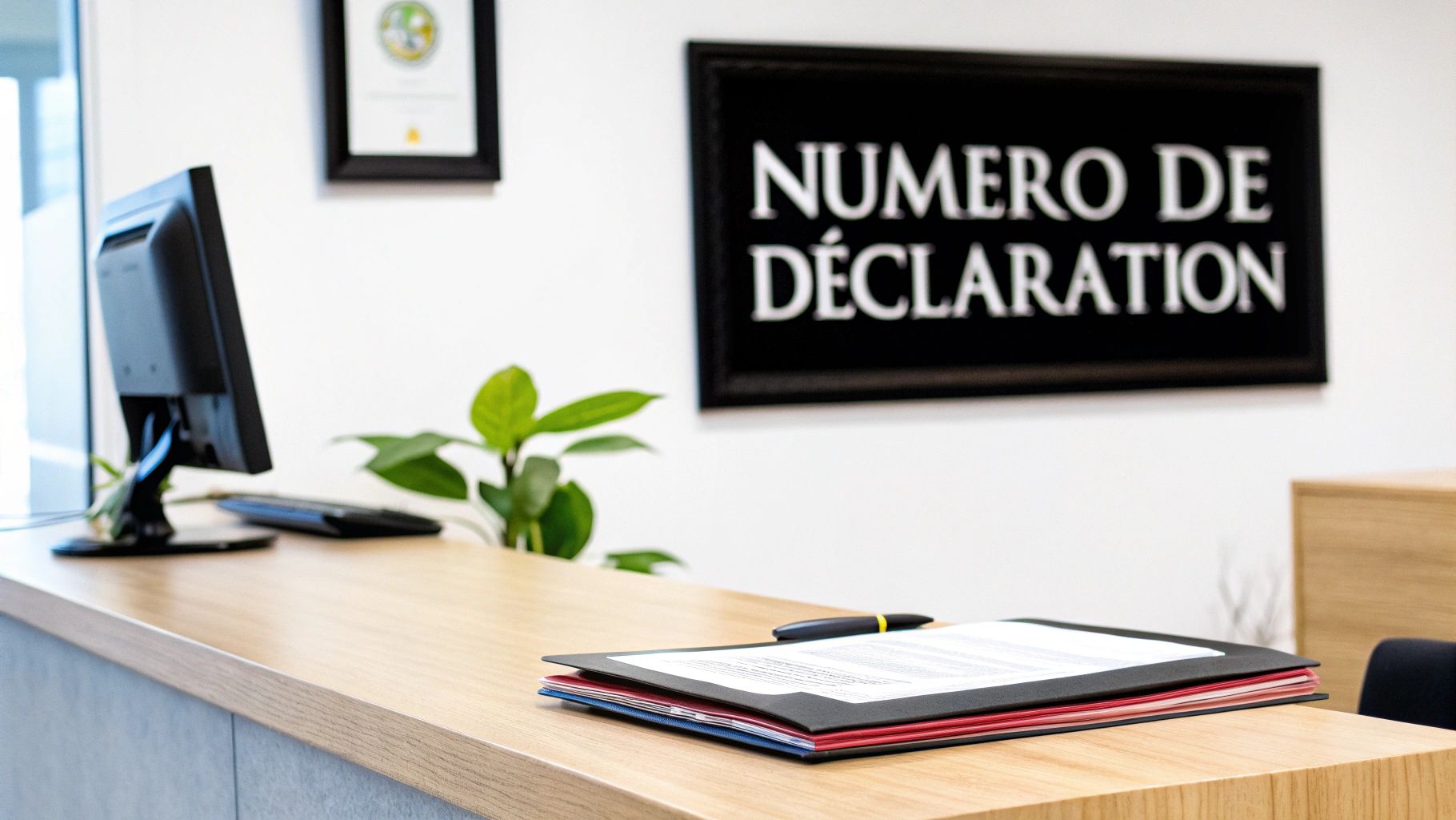 Bureau d'accueil moderne avec moniteur, plante verte, dossier et panneau mural "NUMERO DE DÉCLARATION".