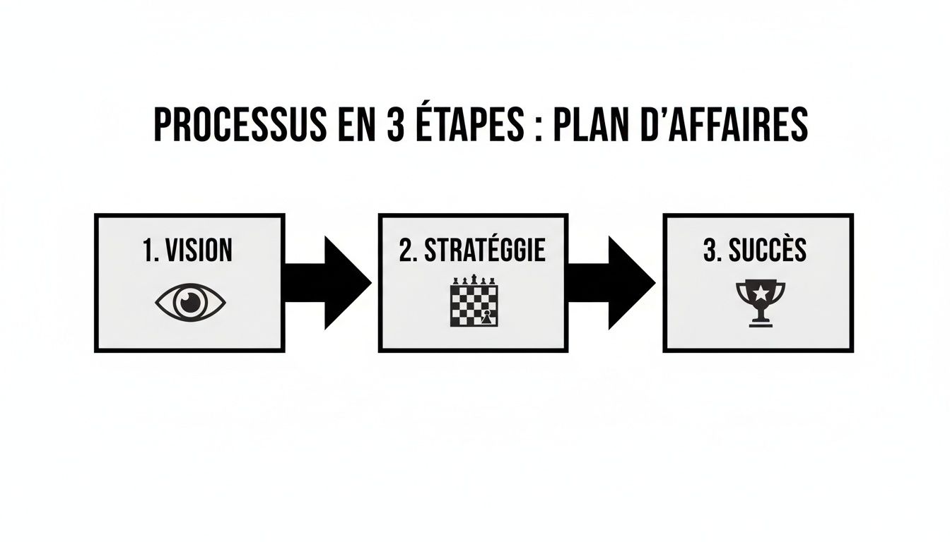 Diagramme d'un plan d'affaires en 3 étapes : vision (œil), stratégie (échiquier) et succès (trophée).