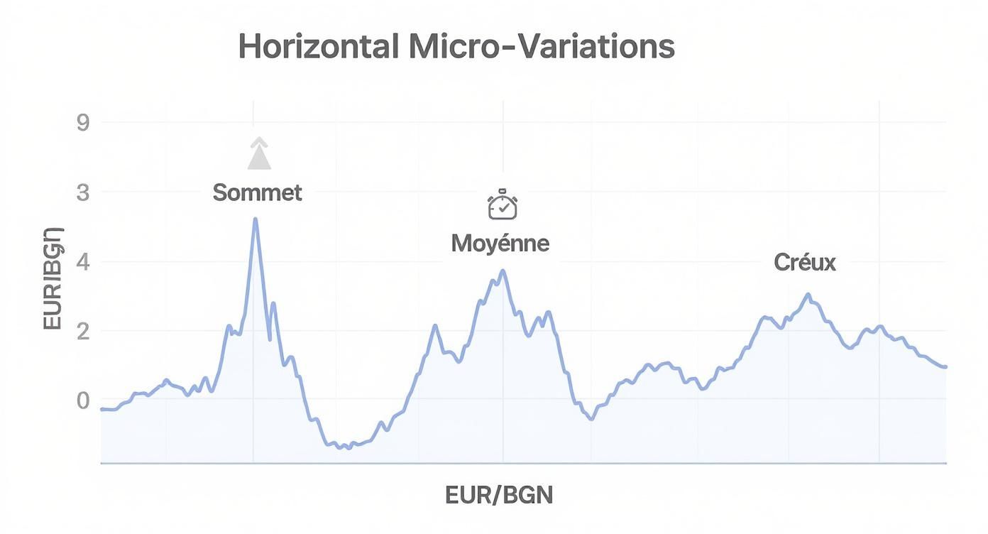 Infographie montrant les micro-variations du taux de change euro bg lev avec des icônes pour le sommet, la moyenne et le creux.