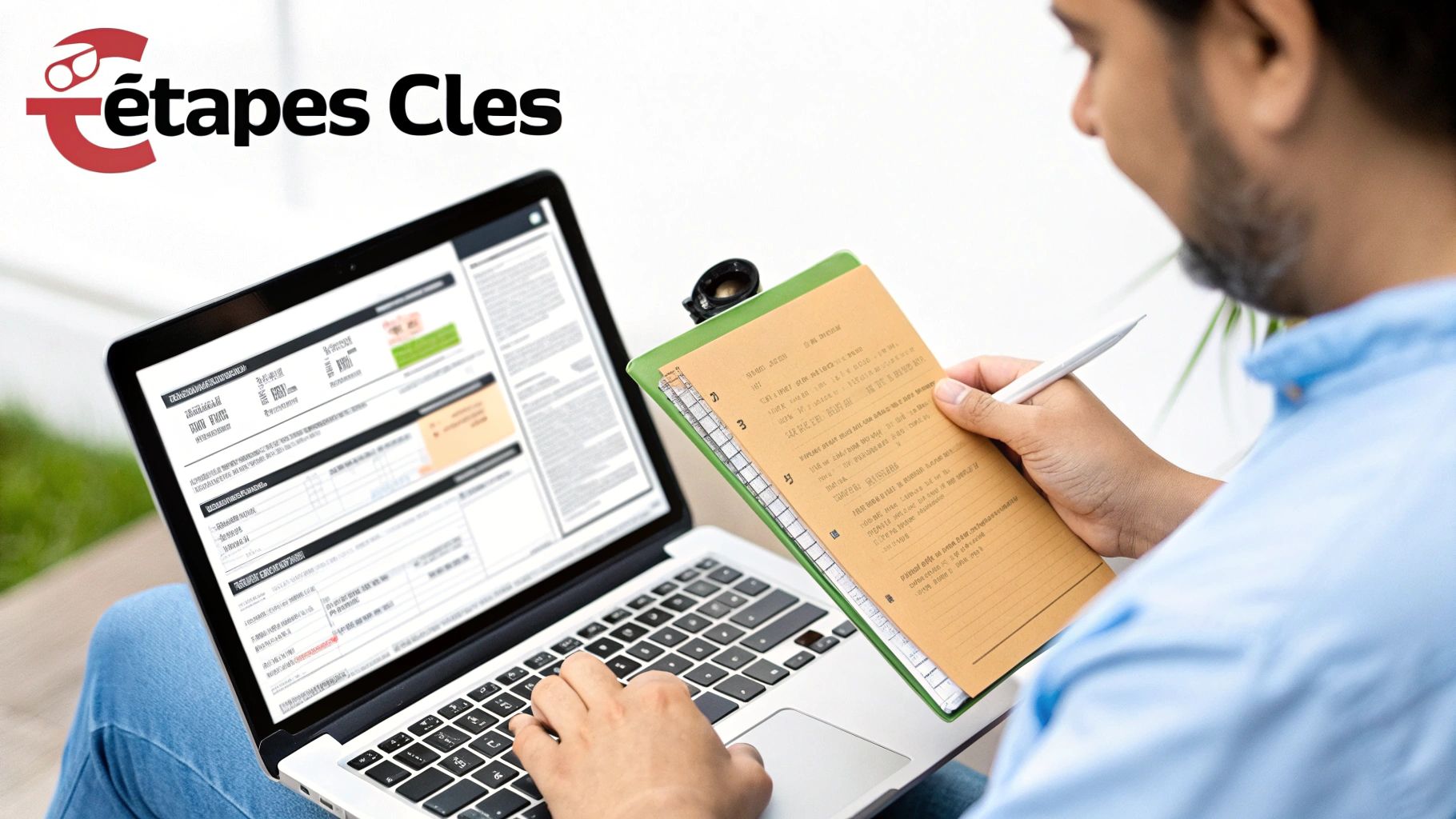 Une personne assise à un bureau avec un ordinateur portable, un carnet et une tasse de café, planifiant soigneusement sa couverture santé.