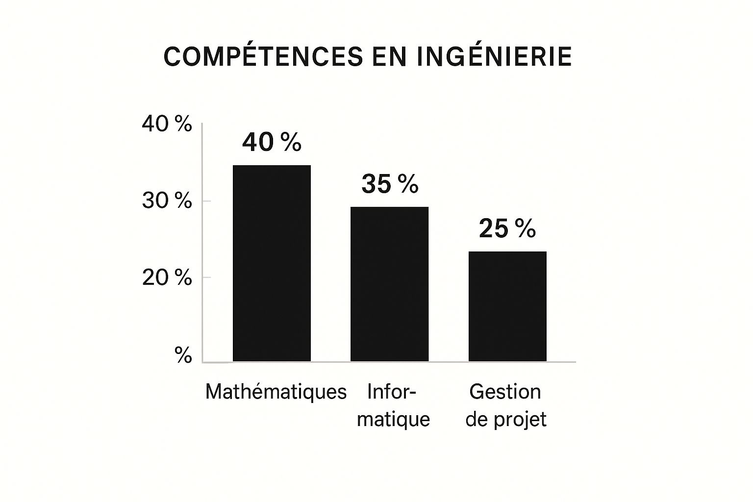 Infographie montrant la répartition des compétences en formation d'ingénierie : 40% Mathématiques, 35% Informatique, 25% Gestion de projet.