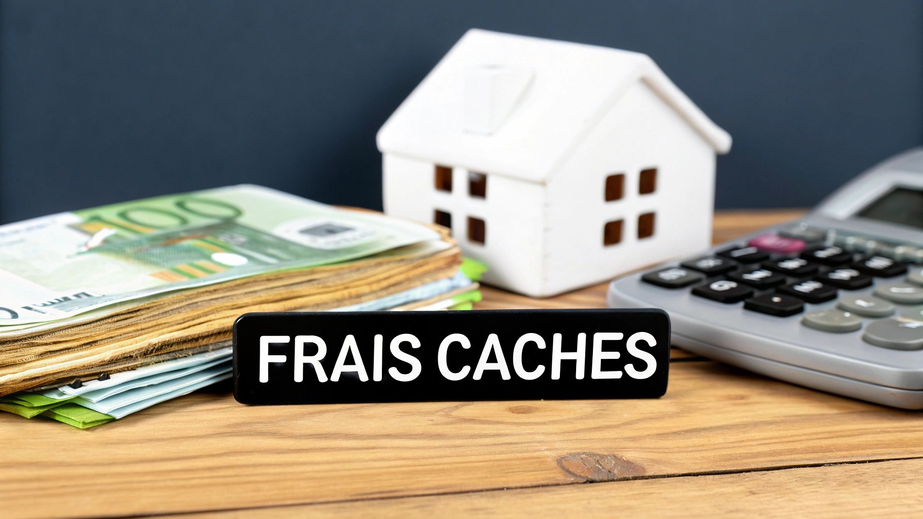Représentation des frais cachés liés au logement avec des euros, une maison miniature et une calculatrice.