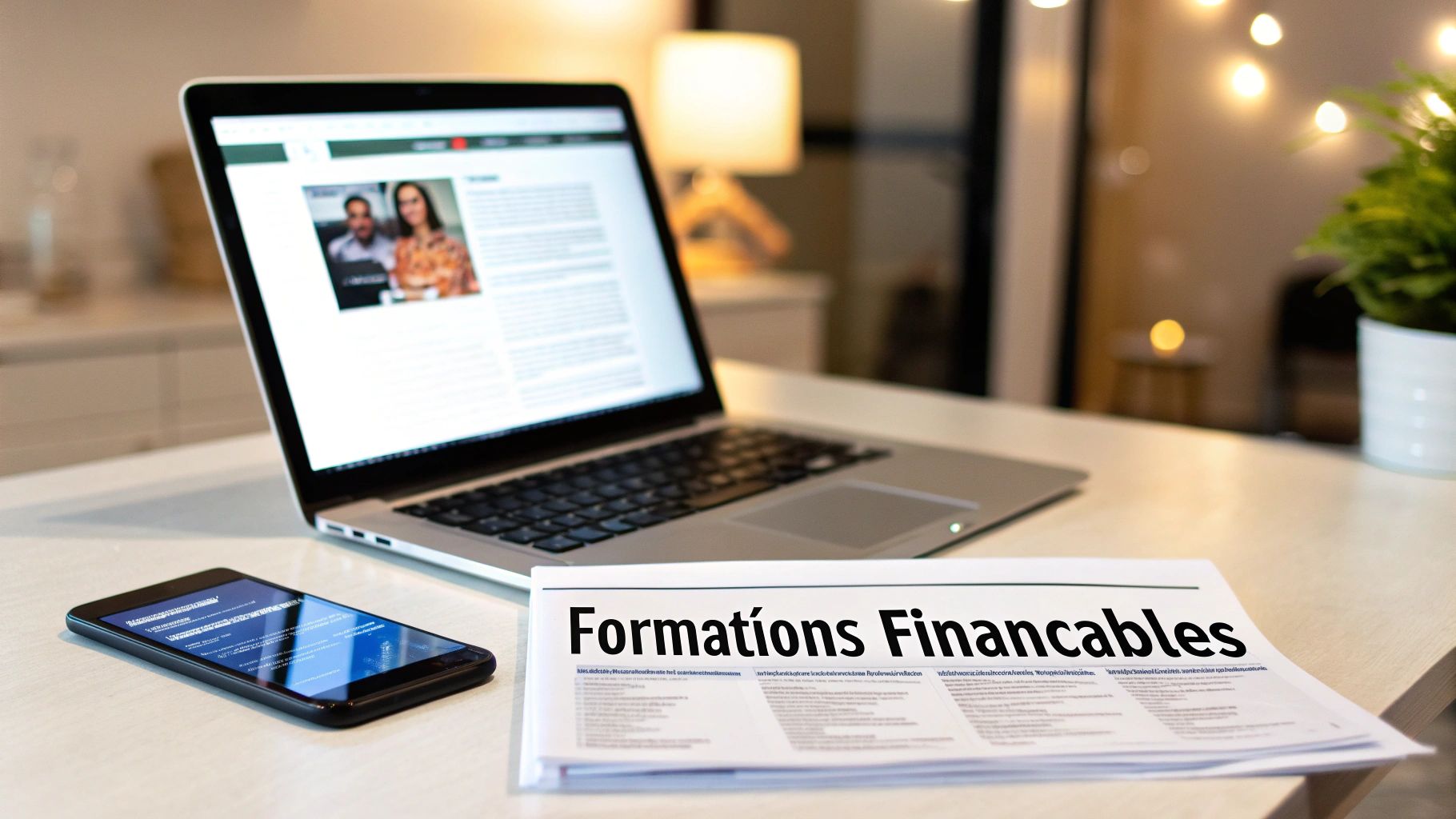 Bureau moderne avec ordinateur portable affichant une page web, un smartphone et des documents sur les formations finançables.