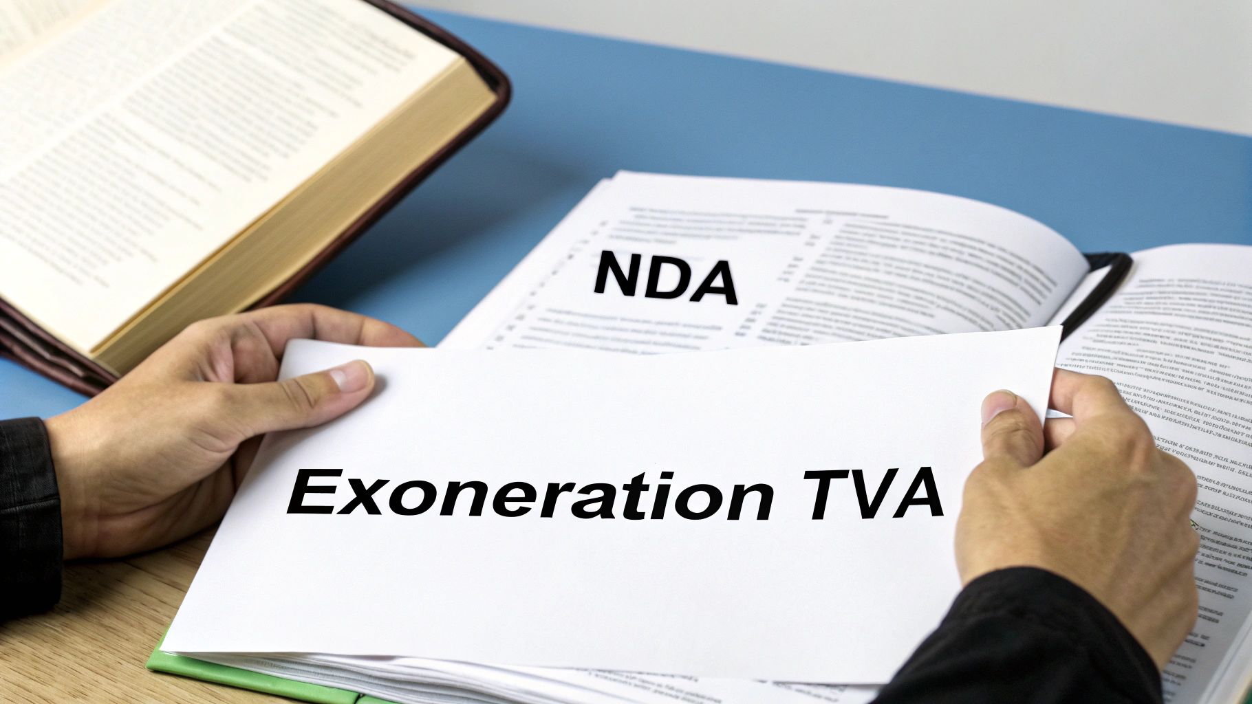 Personne examinant un accord de non-divulgation et un document d'exonération de TVA sur un bureau
