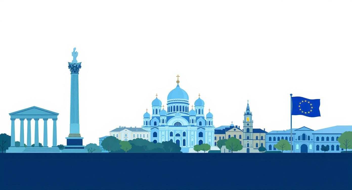 Infographie retraçant l'histoire de Sofia, de la période romaine à son statut de capitale de la Bulgarie et membre de l'UE.