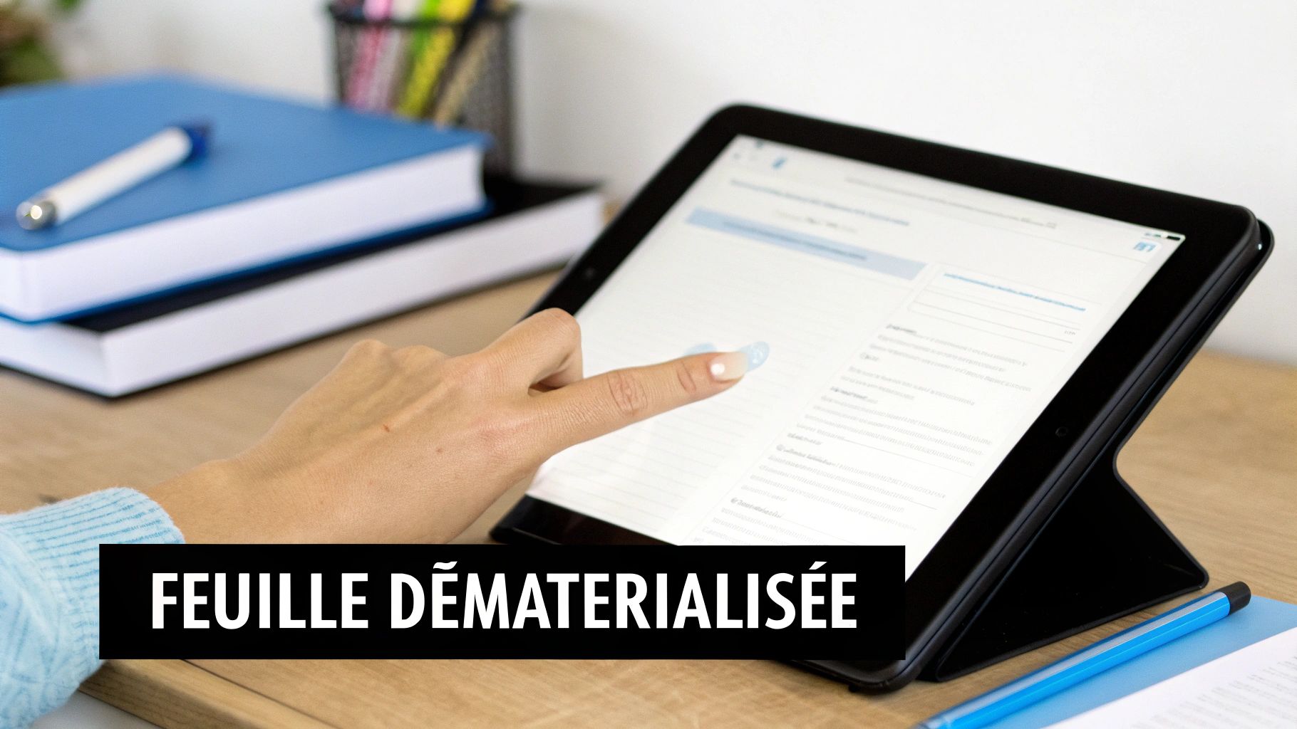 Personne utilisant une tablette pour une signature électronique, symbolisant la dématérialisation.
