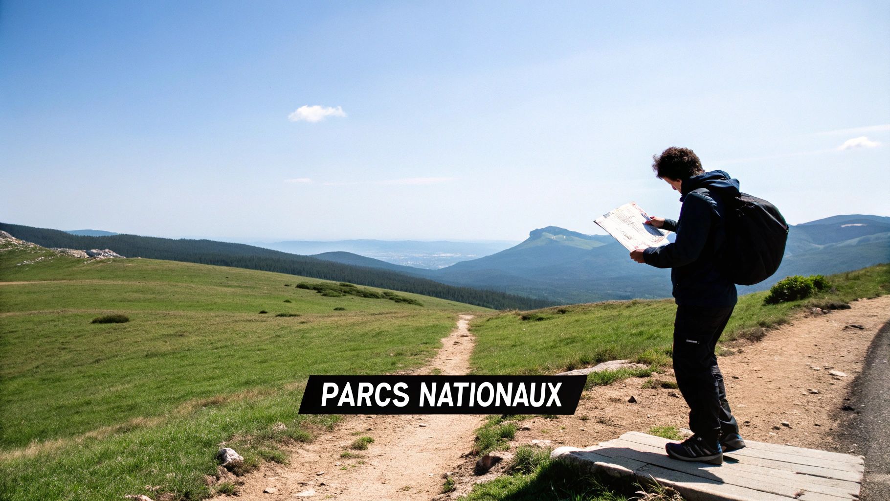 Paysage montagneux en Bulgarie avec des sentiers de randonnée sinueux sous un ciel bleu.