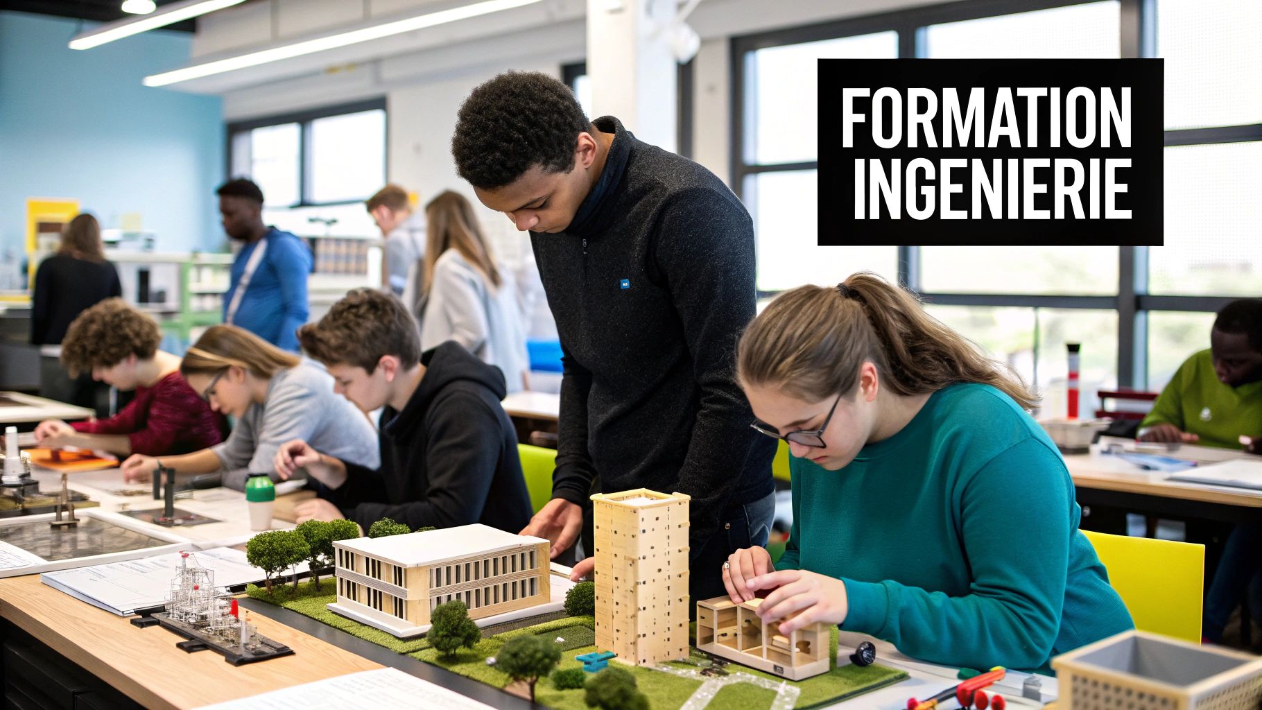 Étudiants en ingénierie travaillant sur un projet technique dans un laboratoire.