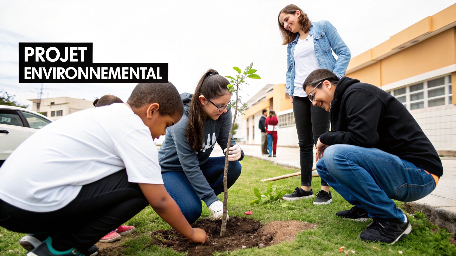 Des jeunes s'engagent dans un projet environnemental en plantant un arbre avec enthousiasme.