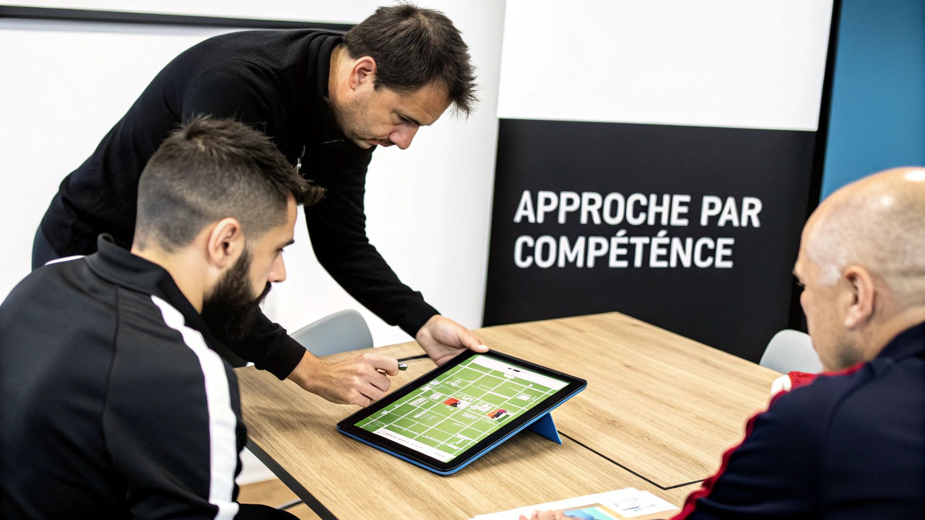 Un entraîneur explique une stratégie sportive sur tablette à deux hommes, illustrant l'approche par compétence.