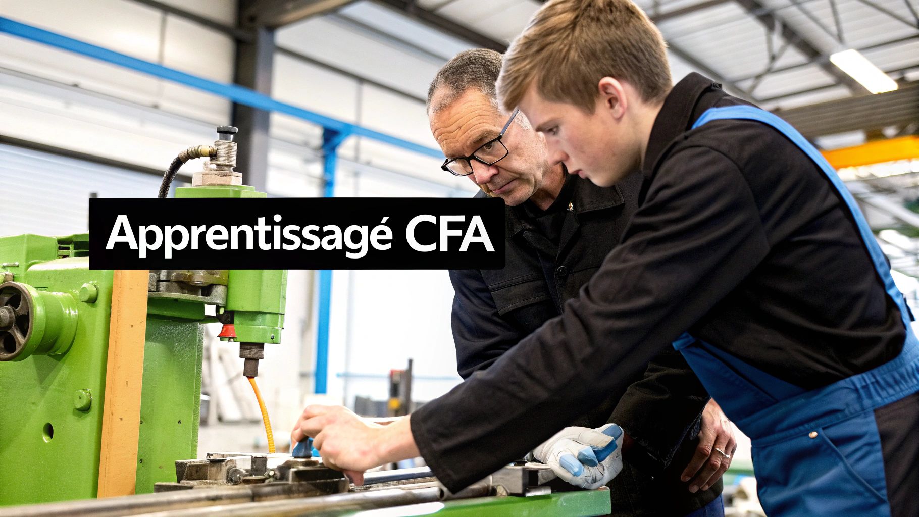 Un jeune apprenti travaillant sur une machine sous la supervision de son maître d'apprentissage