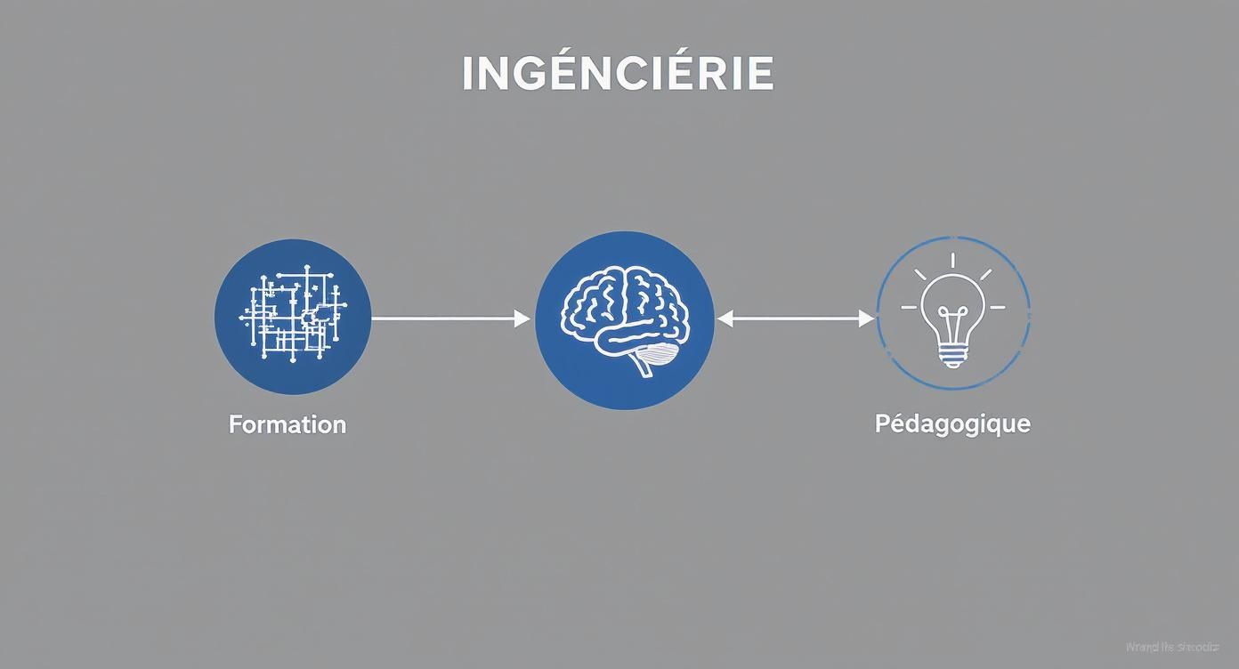 Schéma illustrant le lien entre ingénierie de formation, cerveau et ingénierie pédagogique avec icônes connectées