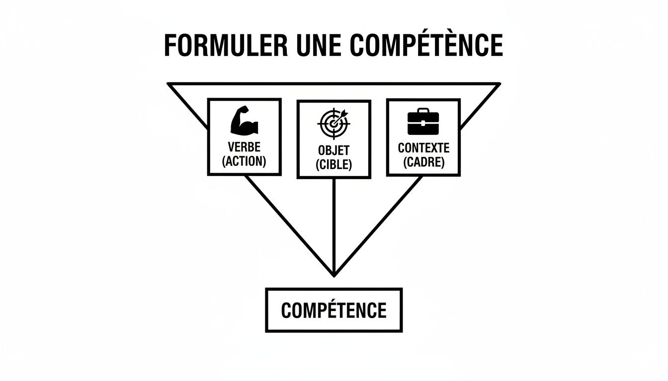 Diagramme illustrant la méthode pour formuler une compétence en combinant un verbe, un objet et un contexte.