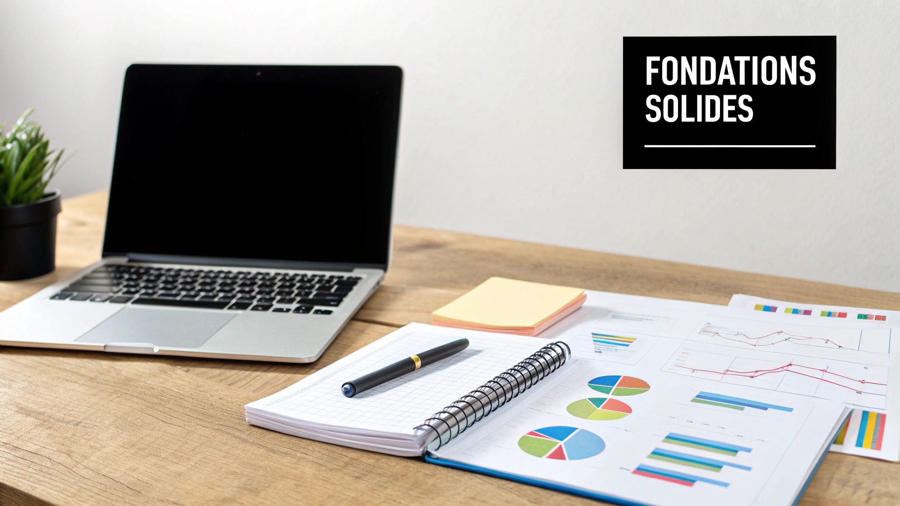 Vue aérienne d'une réunion de planification avec des notes et des graphiques étalés sur une table.