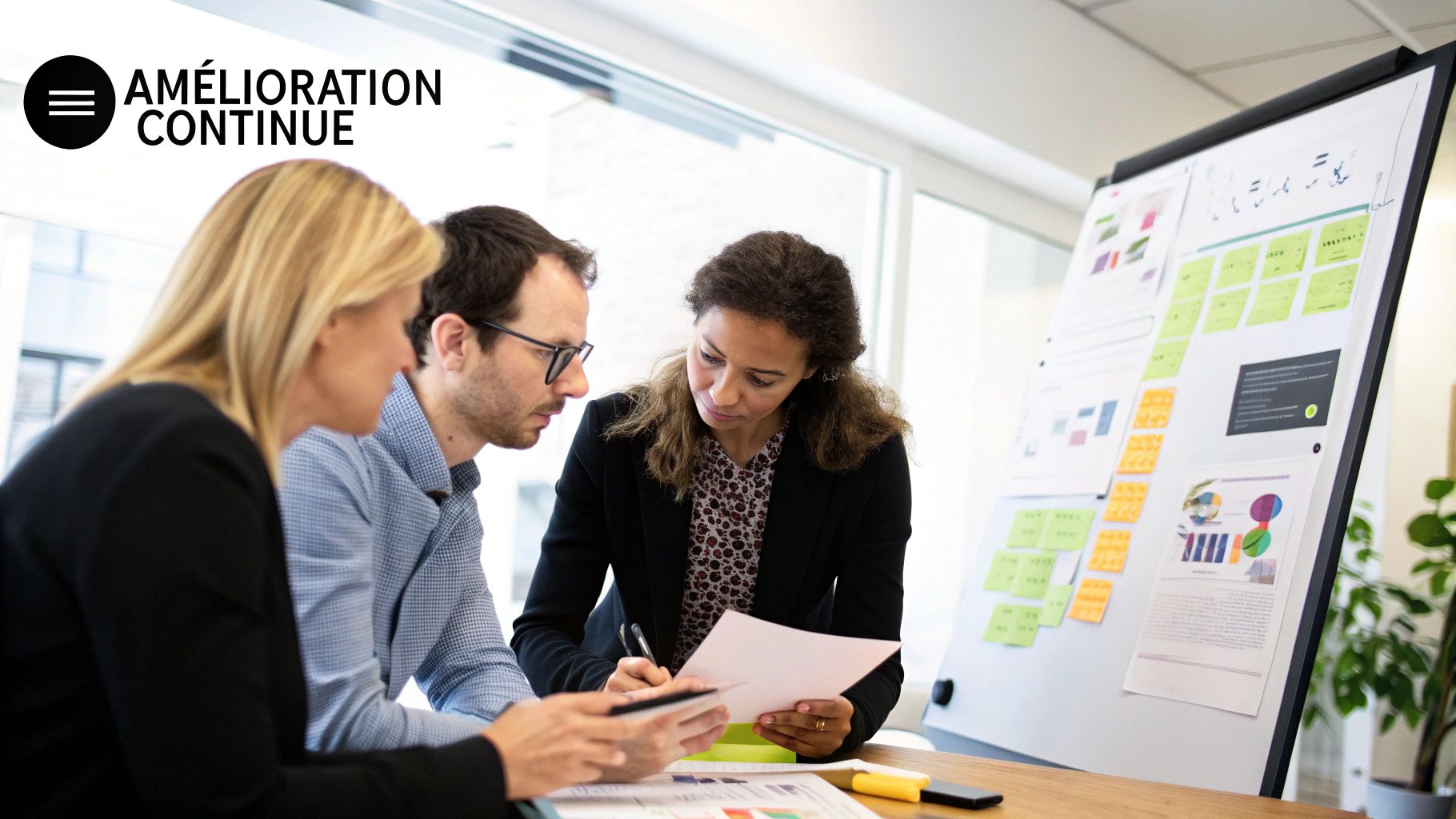 Une équipe analysant des graphiques et des données sur un tableau blanc, symbolisant l'animation de la démarche qualité et l'amélioration continue.