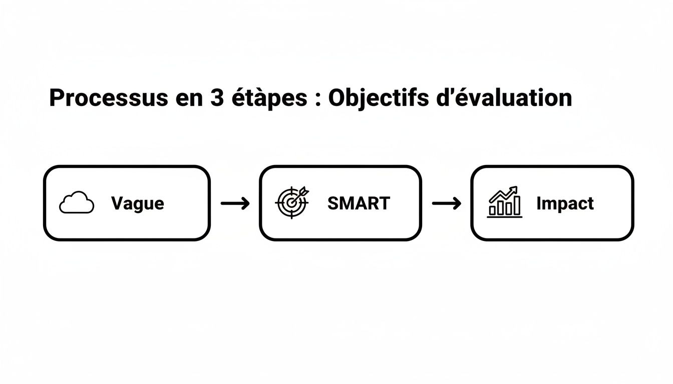 Schéma d'un processus d'évaluation en 3 étapes: de Vague à SMART, puis à Impact, avec des icônes visuelles.