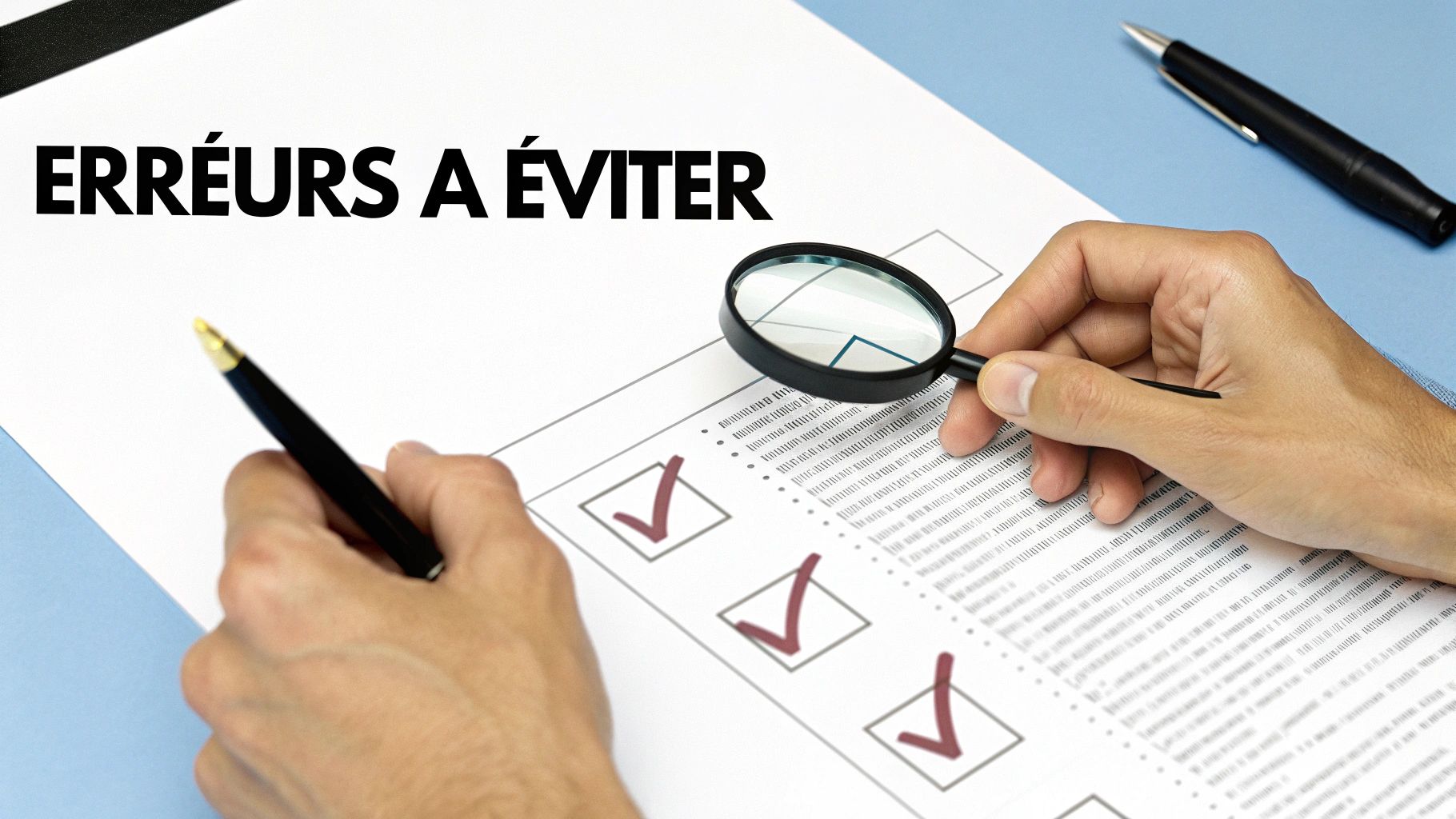 Mains vérifiant un document avec une loupe et stylo, concept d'erreurs à éviter