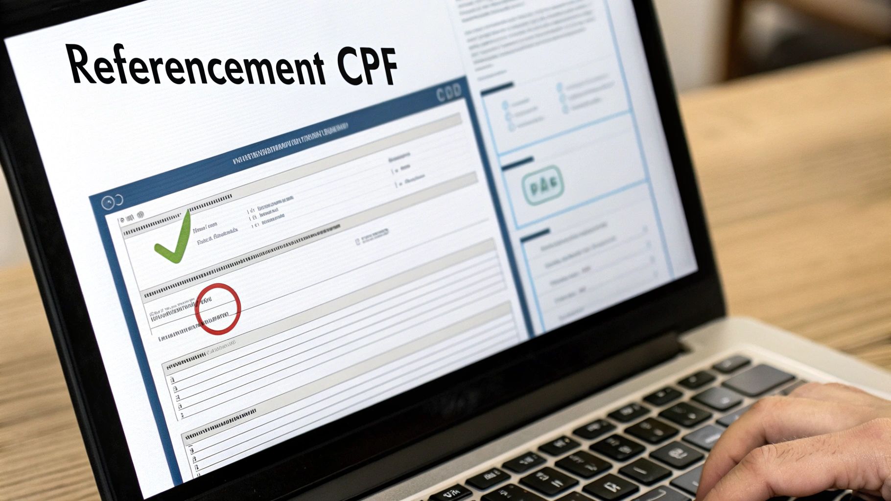Écran d'ordinateur portable affichant « Référencement CPF » avec une coche verte et un cercle rouge, et une main tapant sur le clavier.