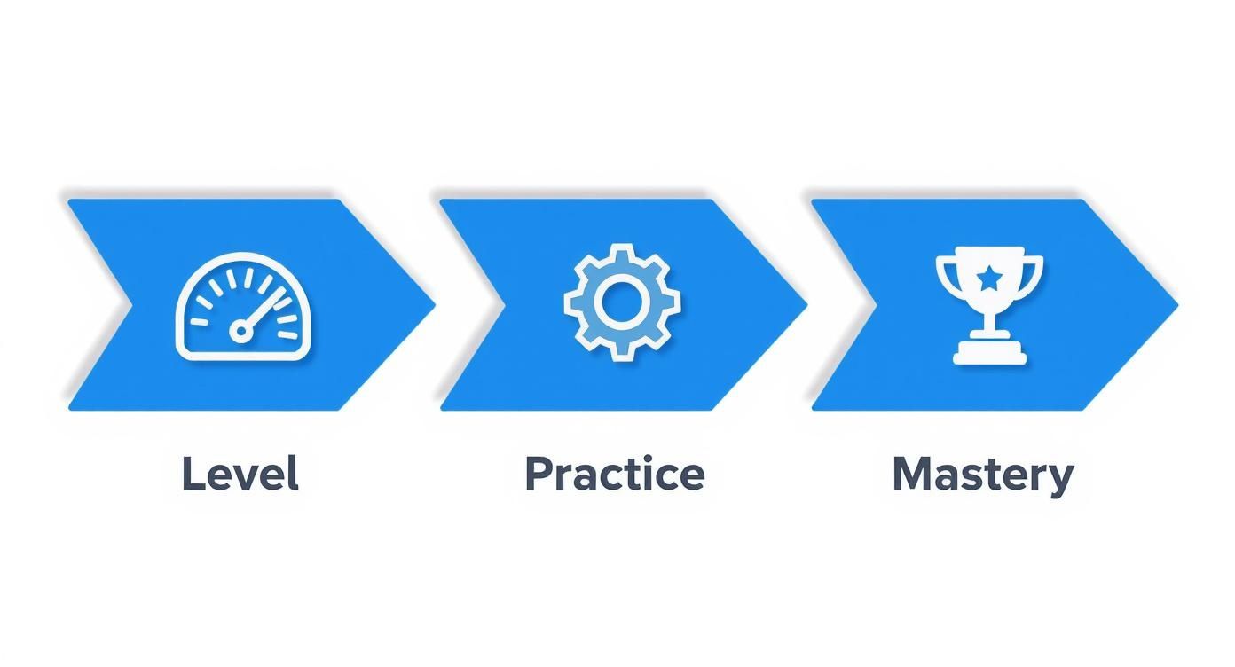 Infographie montrant la progression d'apprentissage : du niveau initial à la pratique, menant à la maîtrise.
