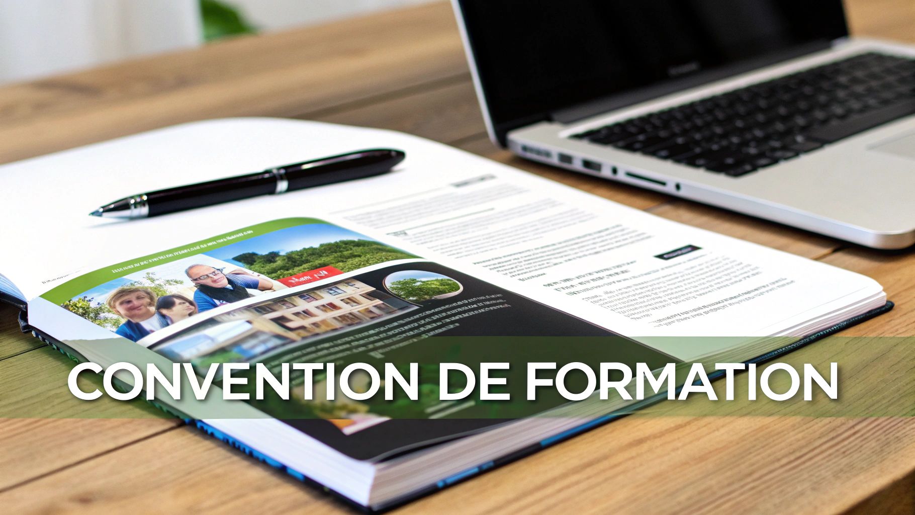 Convention de formation professionnelle avec brochure, stylo et ordinateur portable sur bureau en bois