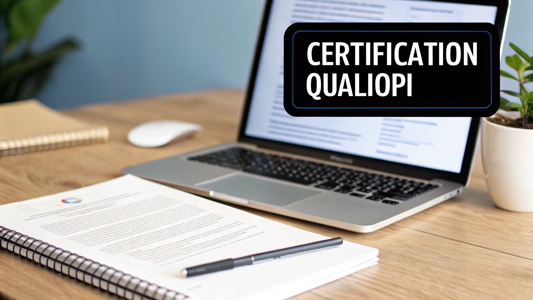 Un bureau de travail organisé avec un ordinateur portable affichant des graphiques, symbolisant la préparation à la certification Qualiopi