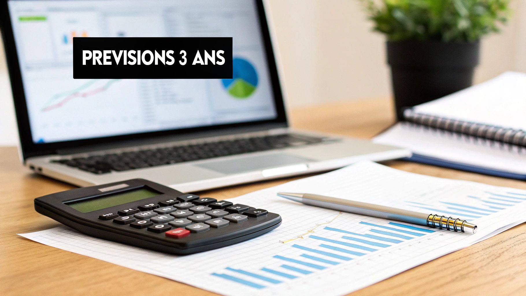 Ordinateur portable, calculatrice, stylo et graphique financier sur un bureau, avec le texte "PREVISIONS 3 ANS".