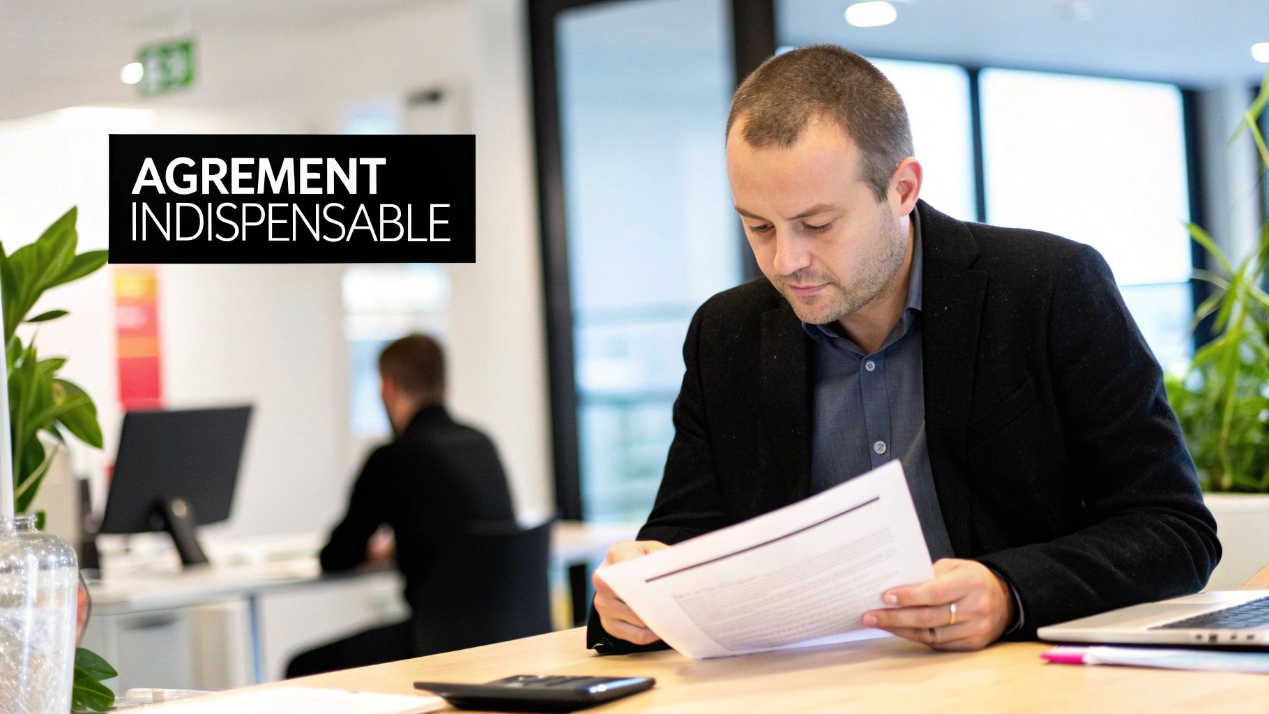 Un homme d'affaires lit attentivement des documents dans un bureau moderne, avec le texte "AGREMENT INDISPENSABLE" affiché.