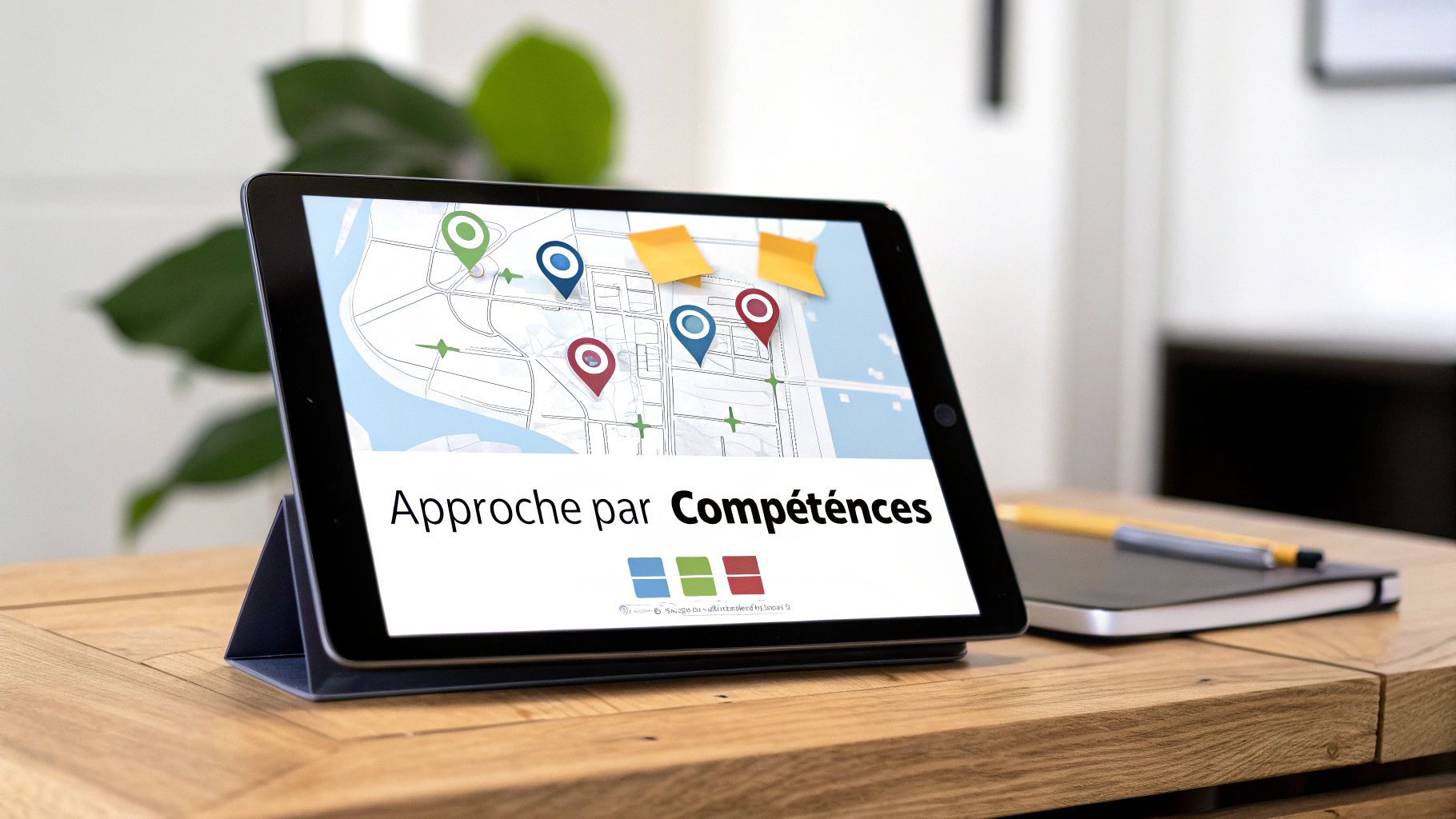 Tablette sur une table en bois affichant une carte avec des repères et le texte « Approche par Compétences », à côté d'un carnet et d'un stylo.