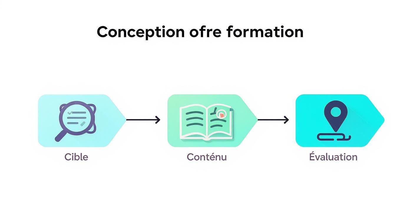 Diagramme illustrant les trois étapes clés de la conception d'une offre de formation: Cible, Contenu et Évaluation.