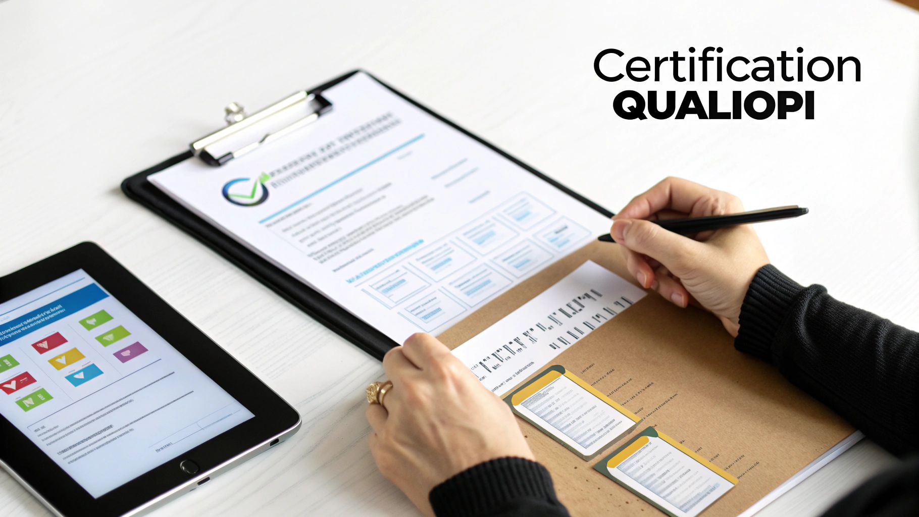 Une personne remplit des documents pour la certification Qualiopi, avec une tablette et un stylo sur une table blanche.