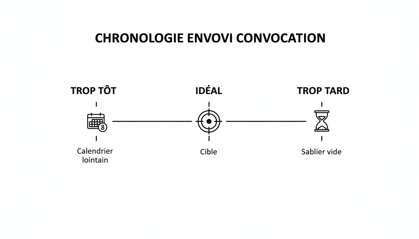 Graphique de chronologie pour l'envoi de convocations: trop tôt (calendrier lointain), idéal (cible) et trop tard (sablier vide).